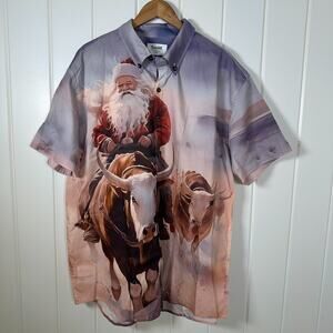 Boozelele Christmas Shirt 2XL Western Santa Claus Riding a Bull Short Sleeve
